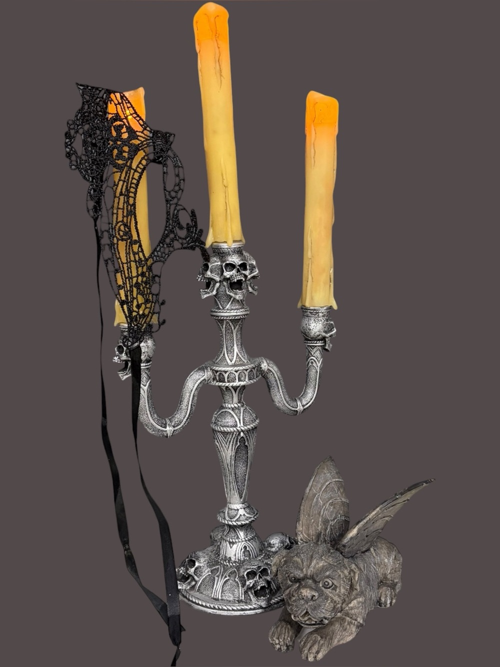 Gothic Skull Candelabra Gargoyle Dog & Lace Mask 3-Pc Halloween Decor Bundle